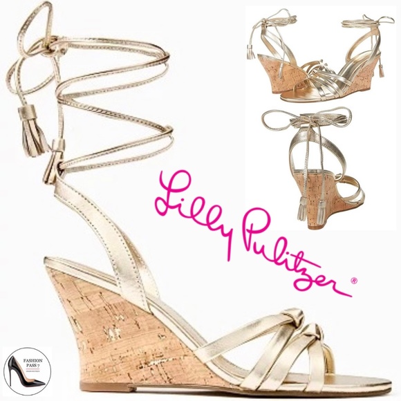 Lilly Pulitzer Casey Gold Metallic Leather Ankle Strap Heels Cork Wedge Sandal 7 - Picture 1 of 14